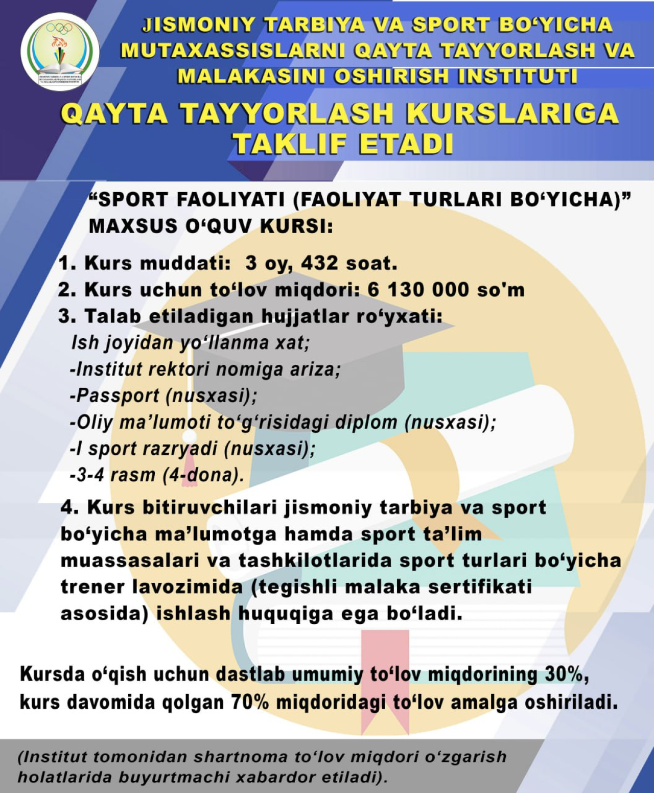 Jismoniy Tarbiya Va Sport Bo‘yicha Mutaxassislarni Qayta Tayyorlash Va ...